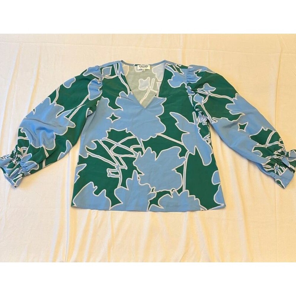 Crosby by Mollie Burch Gaines Floral Puff Sleeve Blouse Blue Green XS